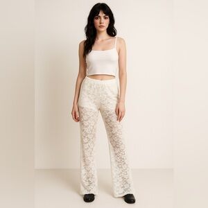 Hot Ginger Sheer Lace Pants | White Floral Lace Festival Y2K Boho Coquette S